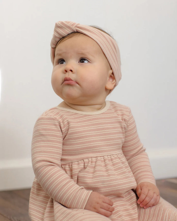 ORGANIC Ribbed Long Sleeve Dress Dusty Rose Microstripe