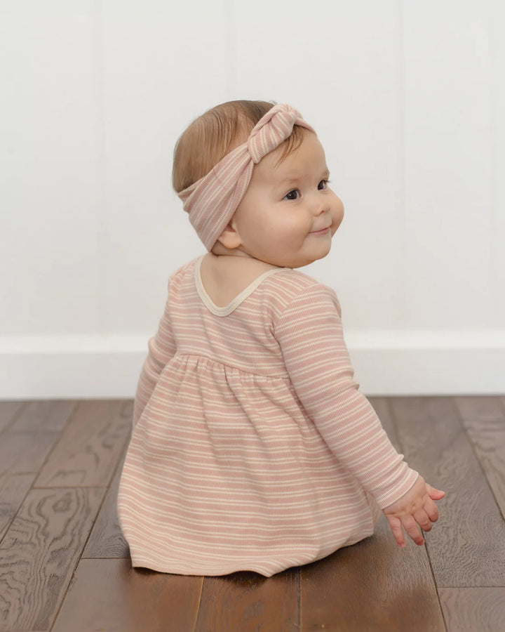 ORGANIC Ribbed Long Sleeve Dress Dusty Rose Microstripe