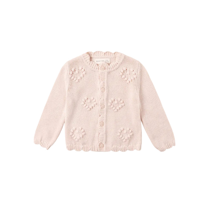 organic quincy mae Pink knitted cardigan  with scalloped edge and floral patterns 