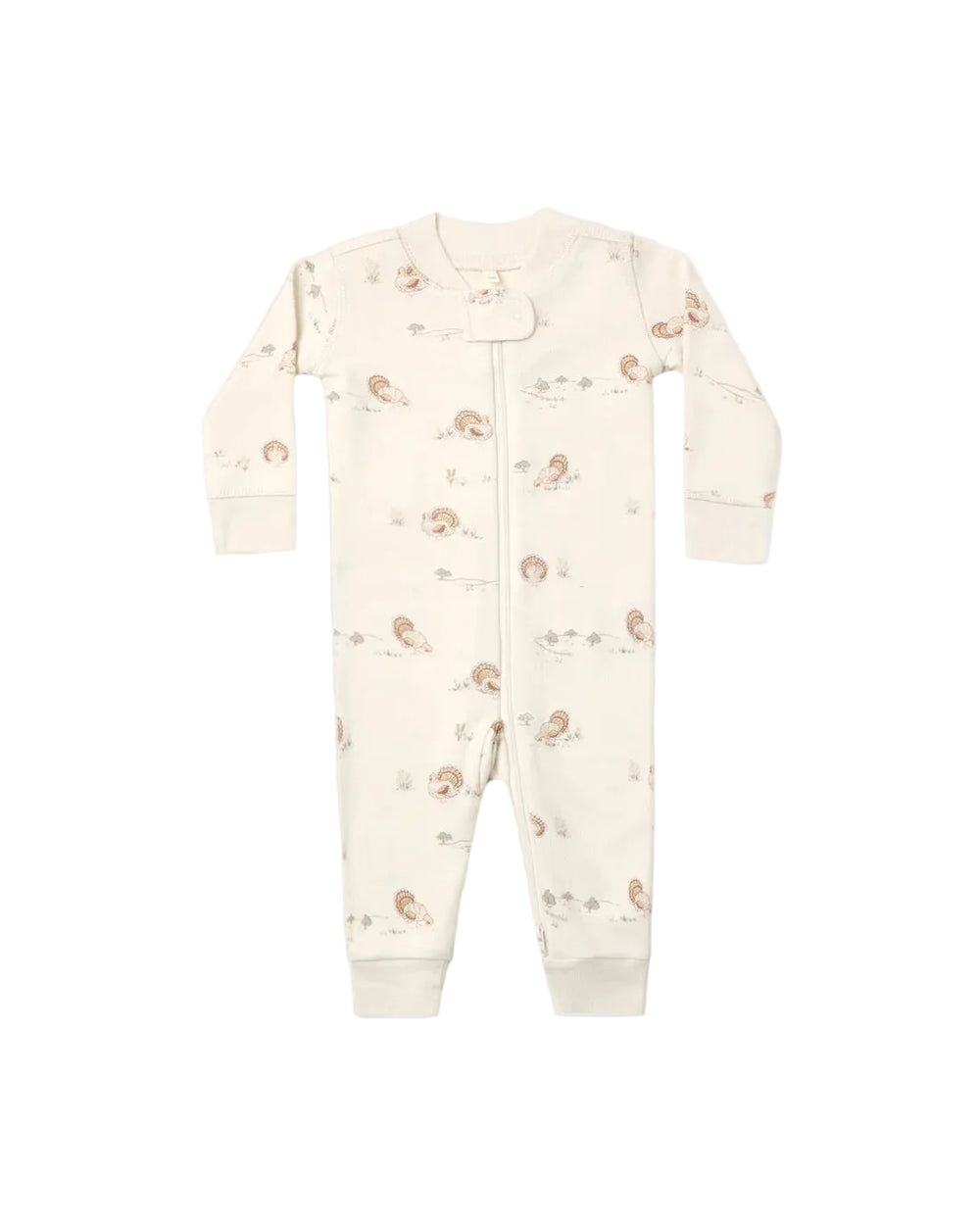 An off-white baby footed sleeper with a full-length front zipper and a delicate all-over print of small brown and beige woodland turkey motifs, shown flat on a light background.