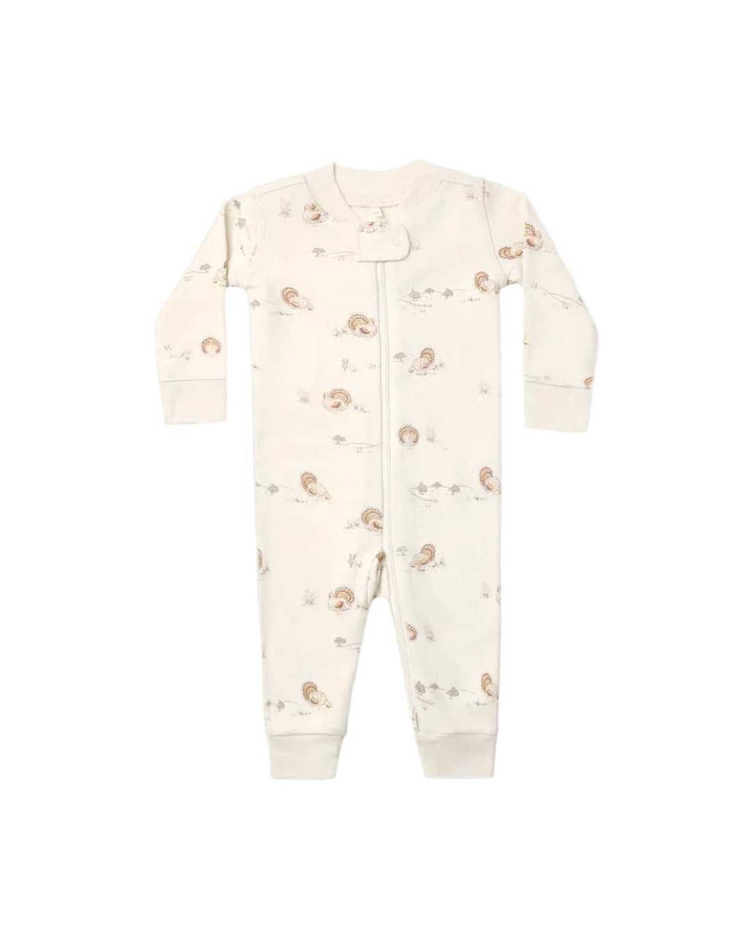 An off-white baby footed sleeper with a full-length front zipper and a delicate all-over print of small brown and beige woodland turkey motifs, shown flat on a light background.