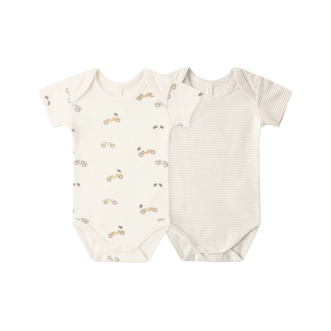 Two baby bodysuits on a white background