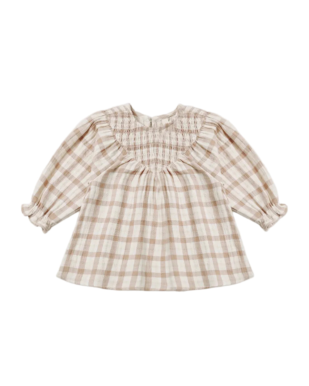 A toddler girl's long-sleeve blouse featuring a beige and white checkered pattern, a smocked round neckline, and ruffled cuffs, shown flat on a light background.