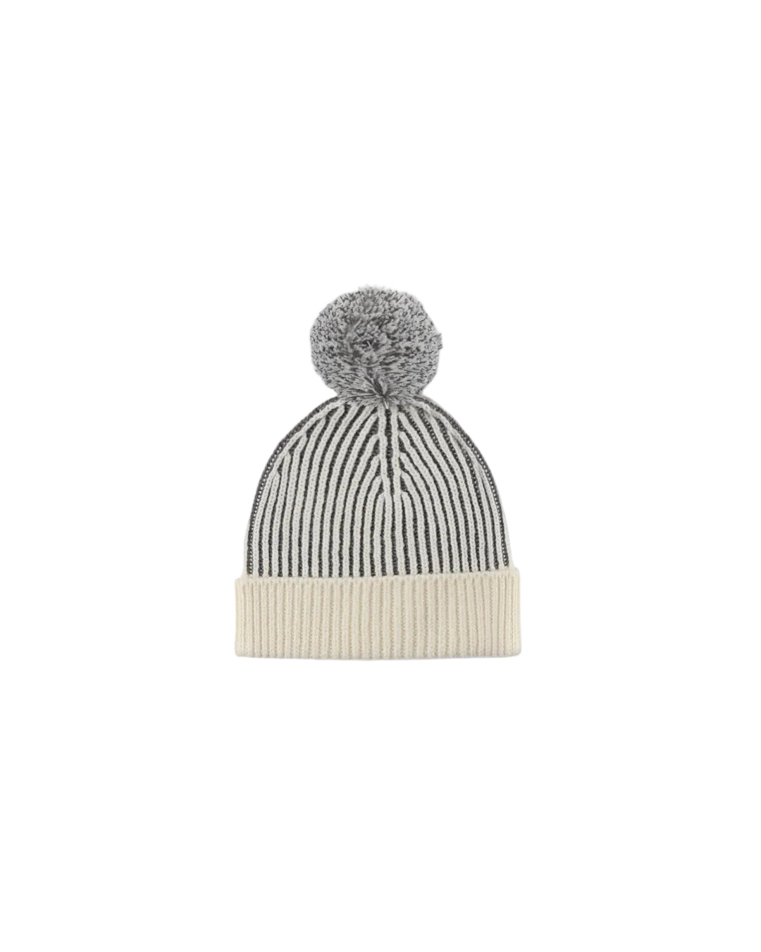 A ribbed knit beanie hat with a gray and black striped upper section, a cream-colored folded cuff, and a gray pom-pom on top, shown against a plain light gray background.