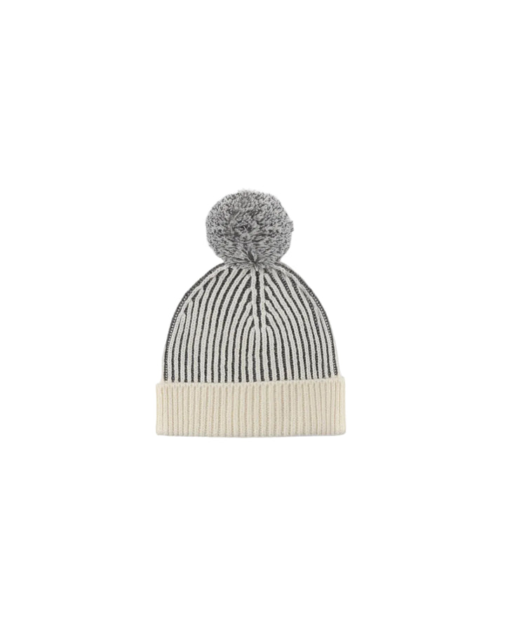 A ribbed knit beanie hat with a gray and black striped upper section, a cream-colored folded cuff, and a gray pom-pom on top, shown against a plain light gray background.