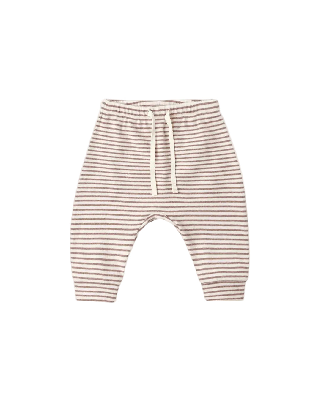 A pair of baby pants with thin horizontal cocoa beige and white stripes, featuring an elastic waistband and a cream-colored drawstring, shown against a plain white background.
