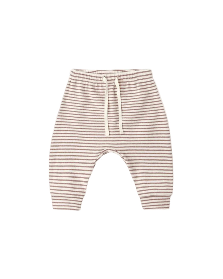 A pair of baby pants with thin horizontal cocoa beige and white stripes, featuring an elastic waistband and a cream-colored drawstring, shown against a plain white background.