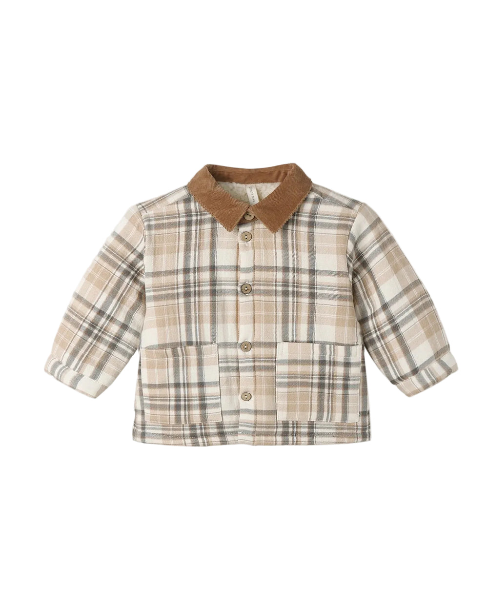 A toddler's long-sleeve plaid jacket with a brown corduroy collar, featuring a beige, brown, and gray plaid pattern and front buttons, shown on a plain light gray background.