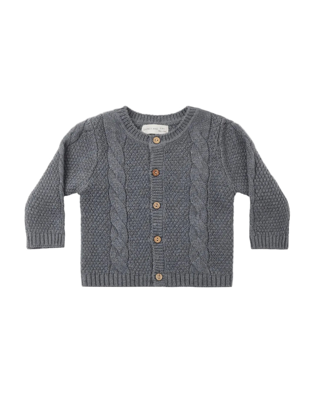 A gray cable-knit cardigan sweater for toddlers, featuring a button-up front with brown wooden buttons, laid flat on a light gray background.