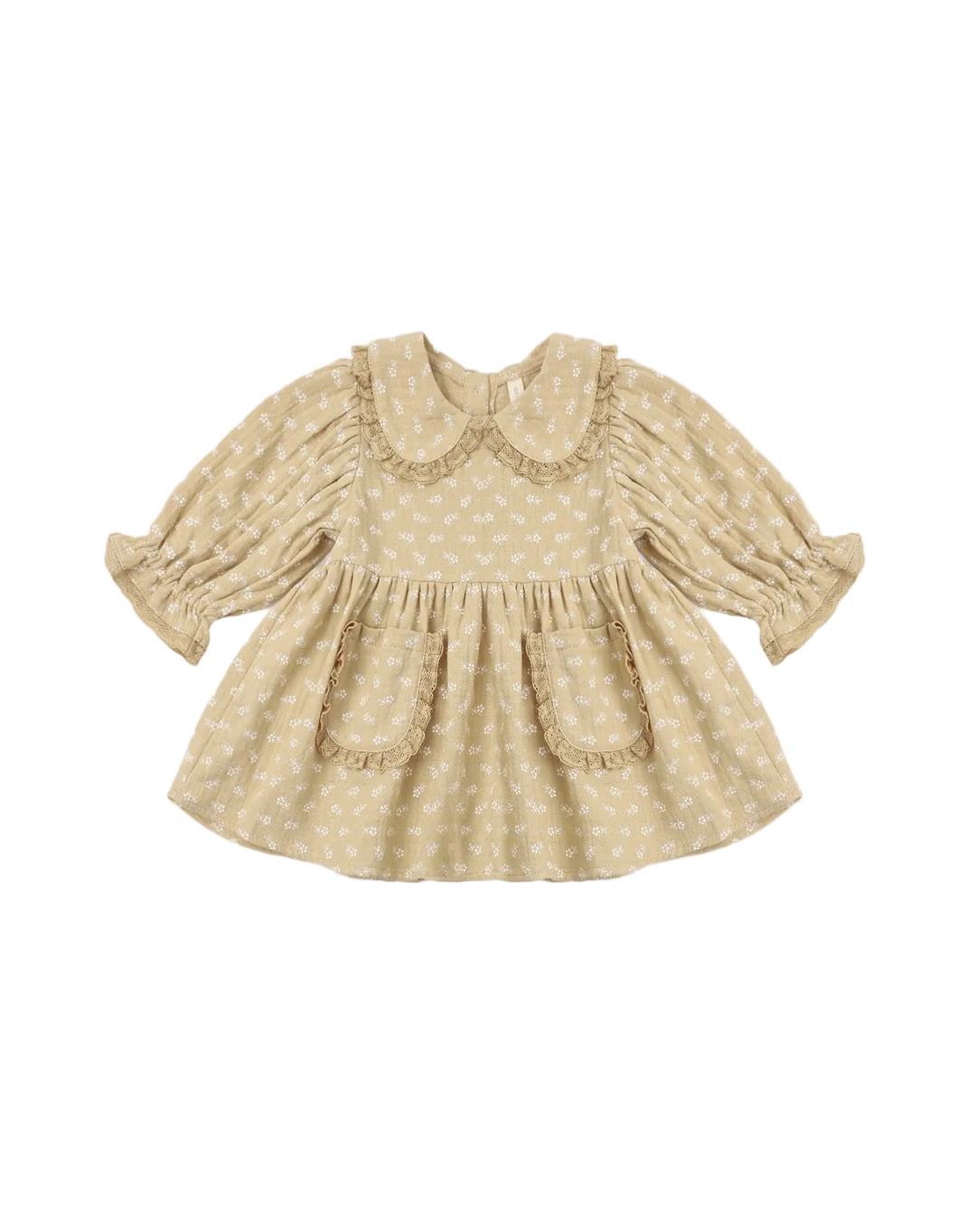 Organic long sleeved butterscotch yellow collar dress with petite flowers and lace trimmed pockets