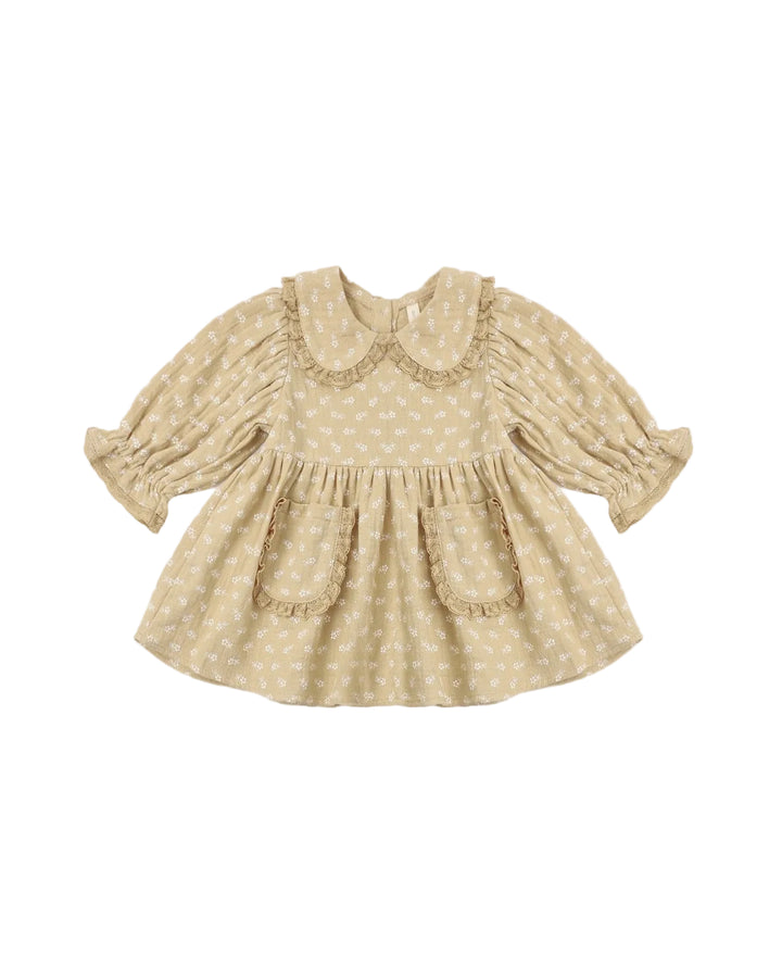 Organic long sleeved butterscotch yellow collar dress with petite flowers and lace trimmed pockets