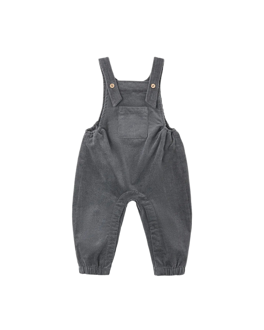 Organic baby overalls in midnight blue designed with adjustable straps and coconut button closures, an open bib pocket, and elastic sides for a comfortable fit.