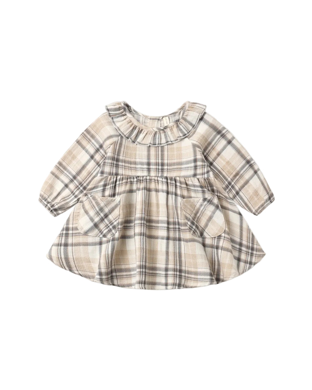 Organic Simone Dress features long sleeves, a curved waistline, front patch pockets, and a darling collar for a timeless silhouette