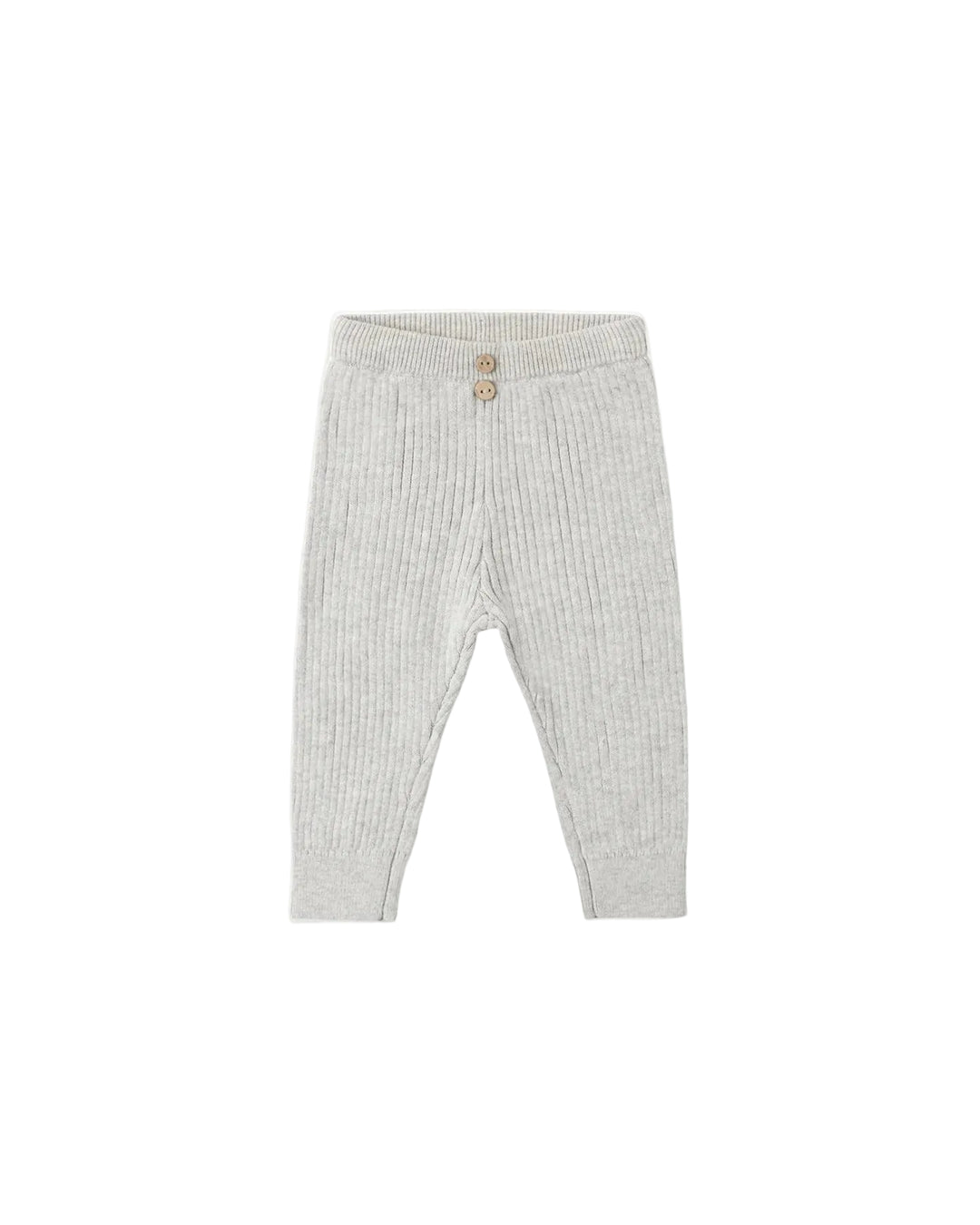 A pair of light gray ribbed knit baby pants with a buttoned waistband, shown flat on a white background.