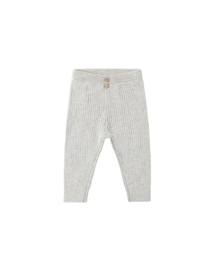 A pair of light gray ribbed knit baby pants with a buttoned waistband, shown flat on a white background.
