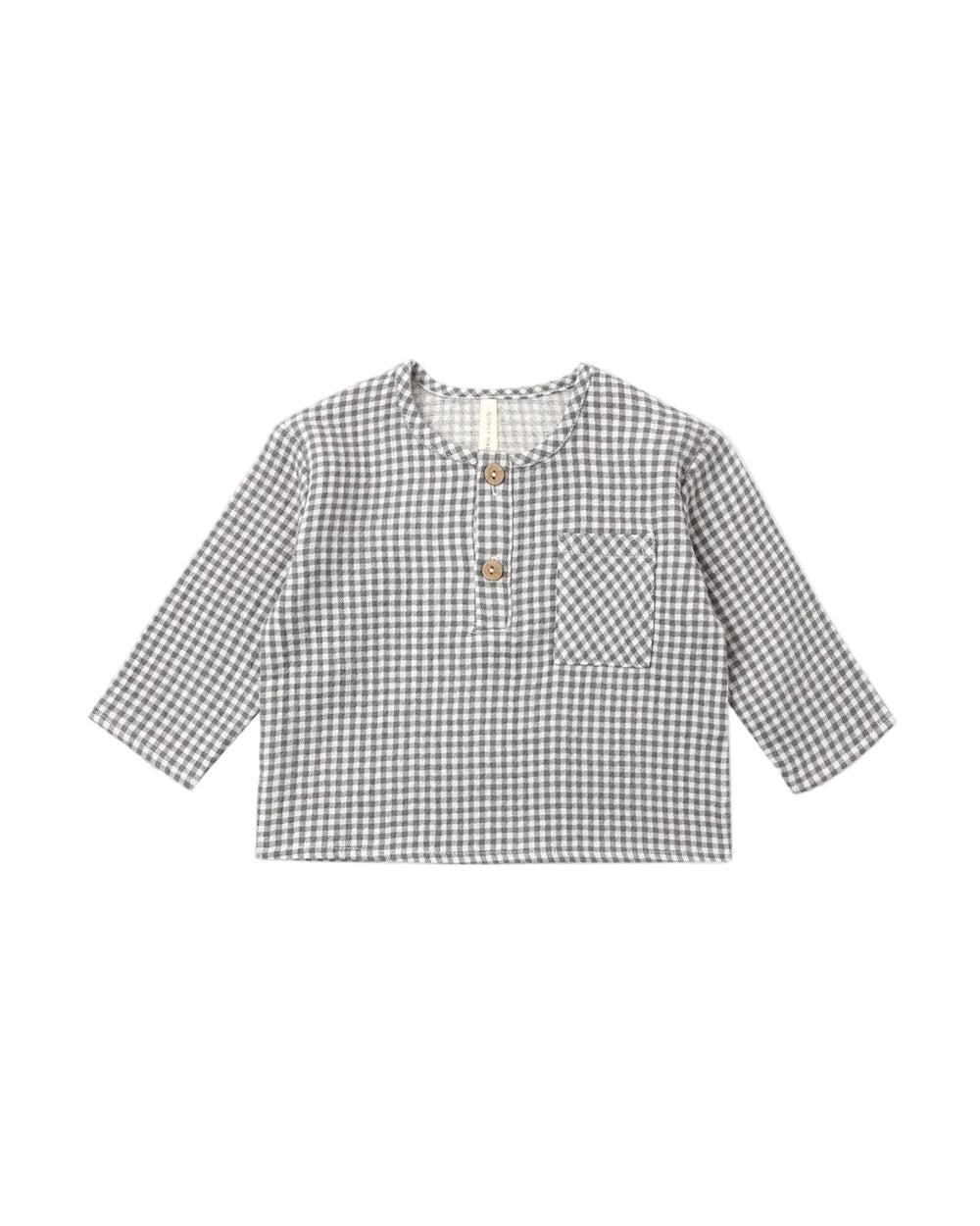 A children's long-sleeve top with a black and white gingham pattern, featuring a three-button henley neckline and a chest pocket, shown flat on a light gray background.