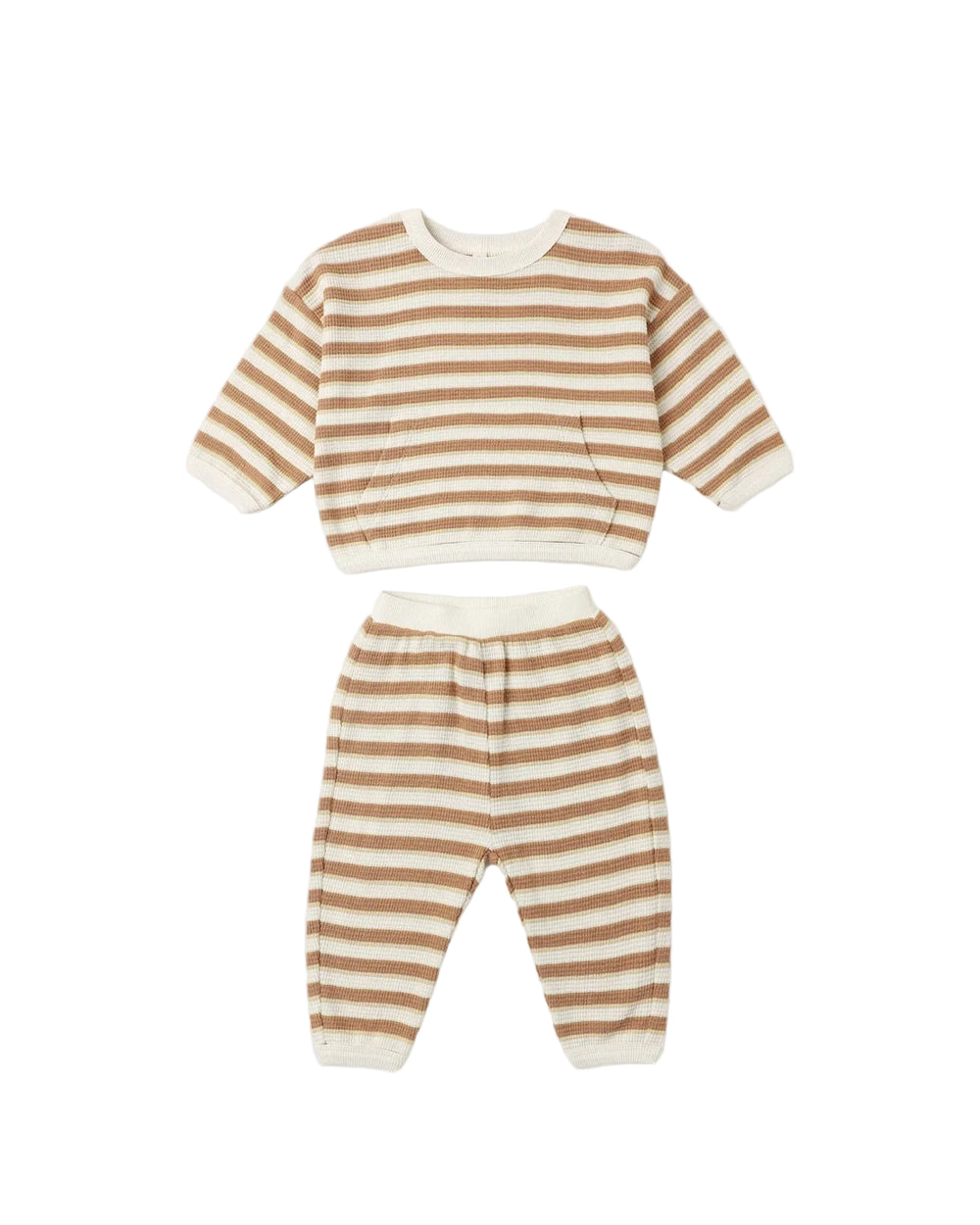 A two-piece baby loungewear set featuring a long-sleeve cropped sweatshirt and matching pants, both with horizontal tan and cream stripes.