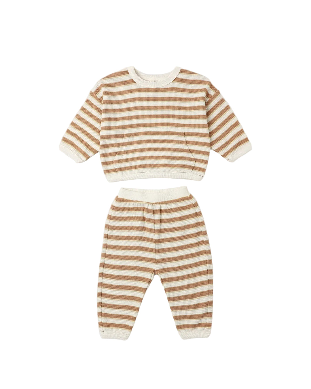 A two-piece baby loungewear set featuring a long-sleeve cropped sweatshirt and matching pants, both with horizontal tan and cream stripes.