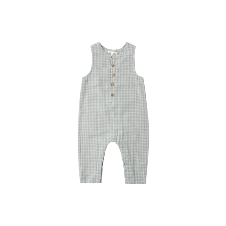 Our lightweight sleeveless Rylee + Cru one-piece jumpsuit with a coconut button placket makes this outfit a breeze.

*Bottom snaps included on sizes 0-3M - 18-24M for easy changes

Featuring a ‘green gingham’ hue. Welcome warm beach days in this retro look.