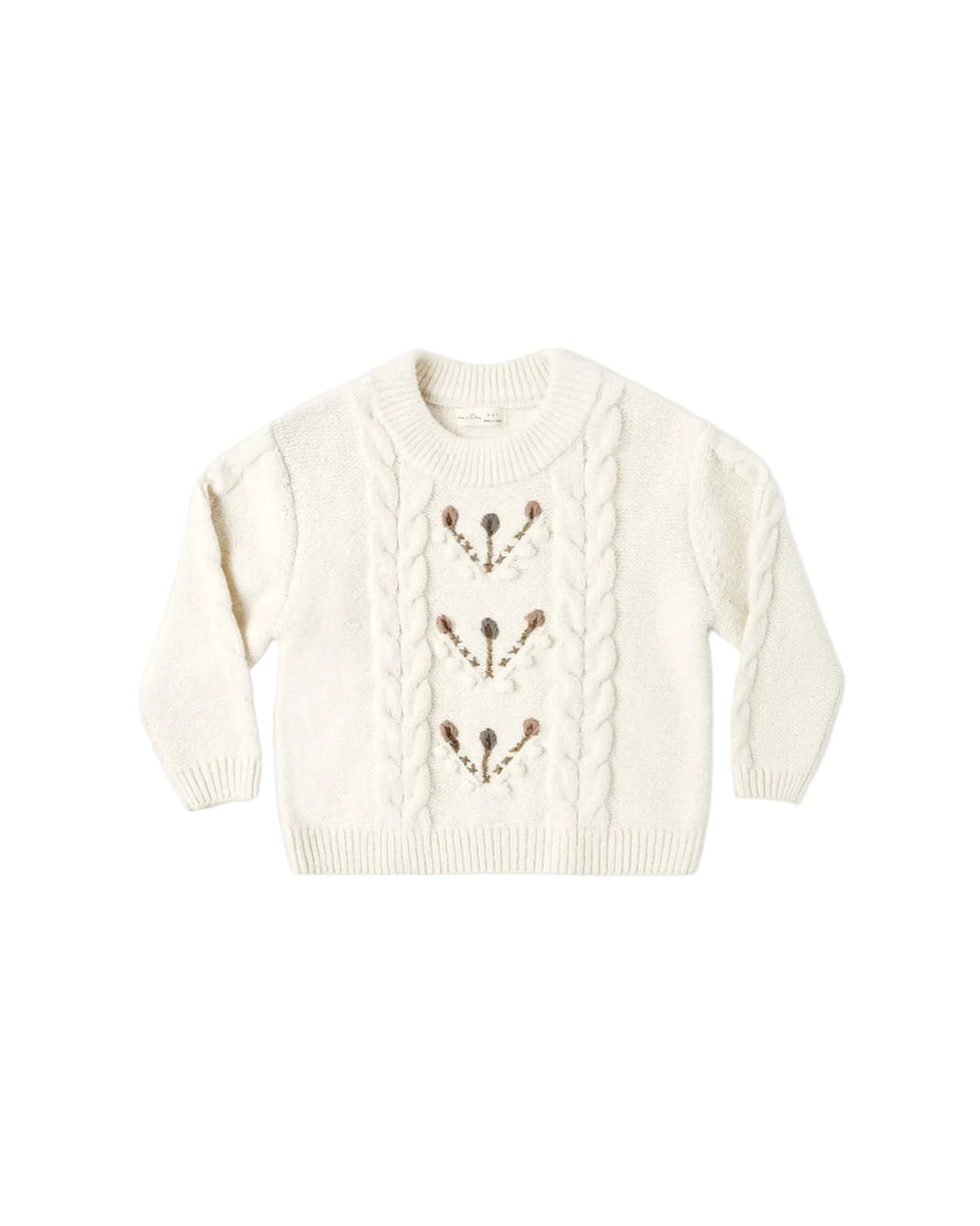 An off-white cable-knit sweater with three vertical rows of brown embroidered floral details, displayed flat against a light gray background.