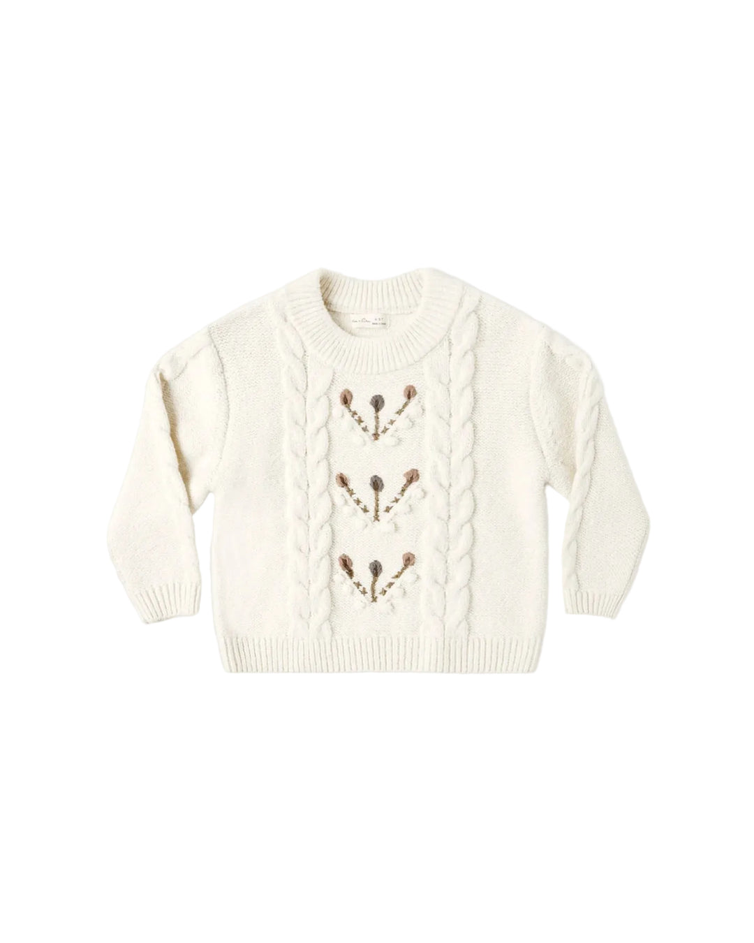 An off-white cable-knit sweater with three vertical rows of brown embroidered floral details, displayed flat against a light gray background.