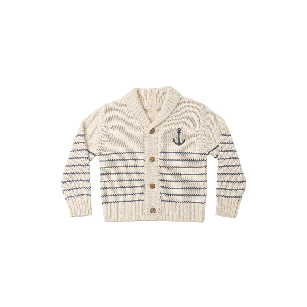 Knitted cardigan with striped sleeves and anchor detail on a white background
