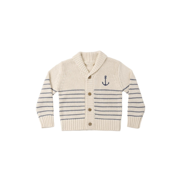 Knitted cardigan with striped sleeves and anchor detail on a white background