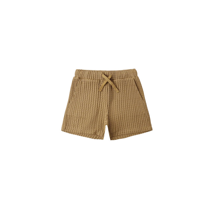 Beige shorts with a drawstring on a white background