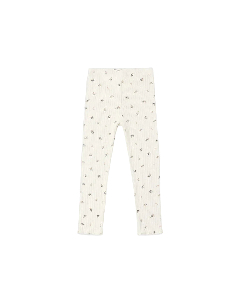 Off-white ribbed knit leggings with a small scattered gray and brown floral print, shown flat against a solid white background.