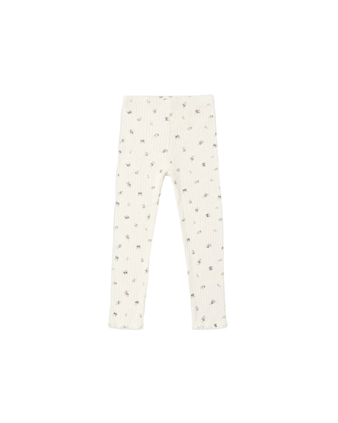 Off-white ribbed knit leggings with a small scattered gray and brown floral print, shown flat against a solid white background.