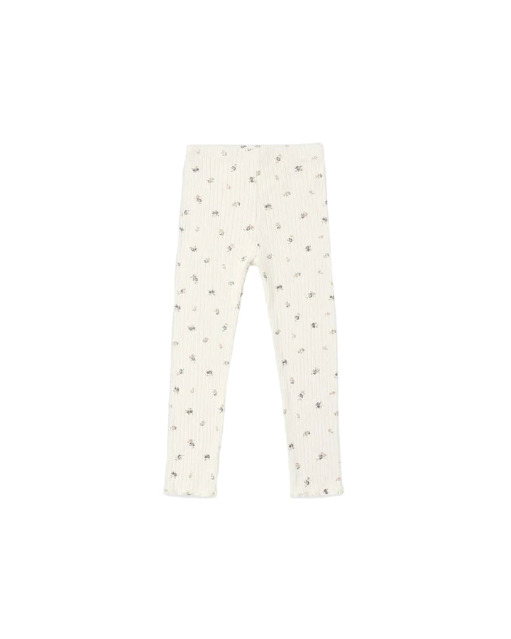 Off-white ribbed knit leggings with a small scattered gray and brown floral print, shown flat against a solid white background.