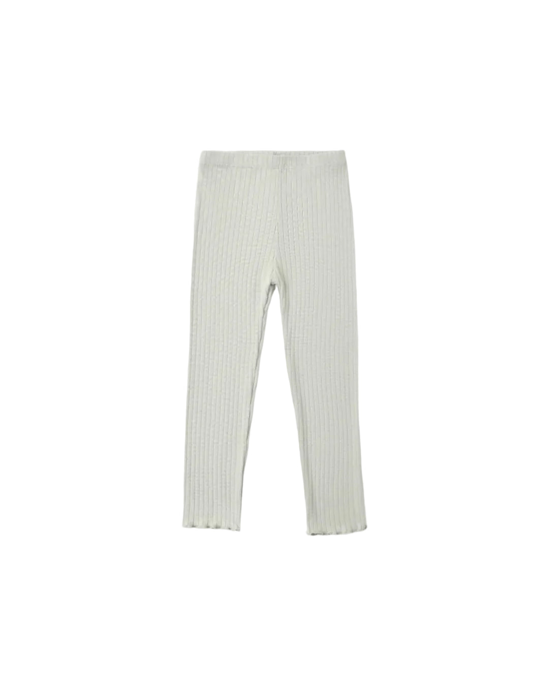 A pair of ribbed knit scallop hem leggings in a light sage green color, displayed flat against a clean white background.