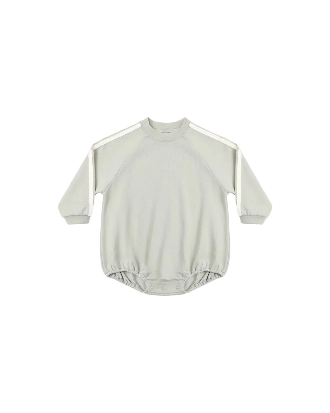 A light sage green long-sleeve baby romper with white shoulder stripes, laid flat against a light gray background.
