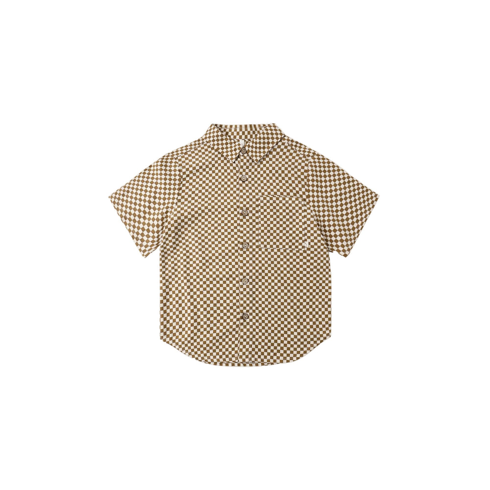 A classic Rylee + Cru collared boys short sleeve button-down shirt with coconut buttons.

Featuring a ‘ocre check’ pattern. Slide into summer in this cool vintage style.