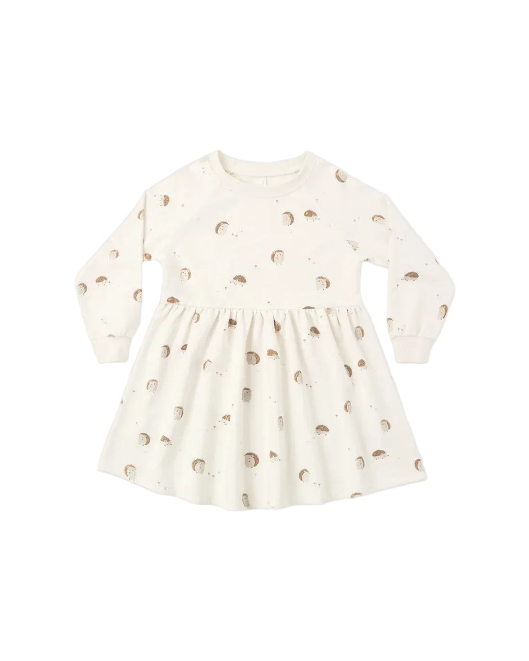 An off-white long-sleeve baby dress with a gathered waist and an all-over print of small brown hedgehogs and tiny beige dots, shown against a light gray background.