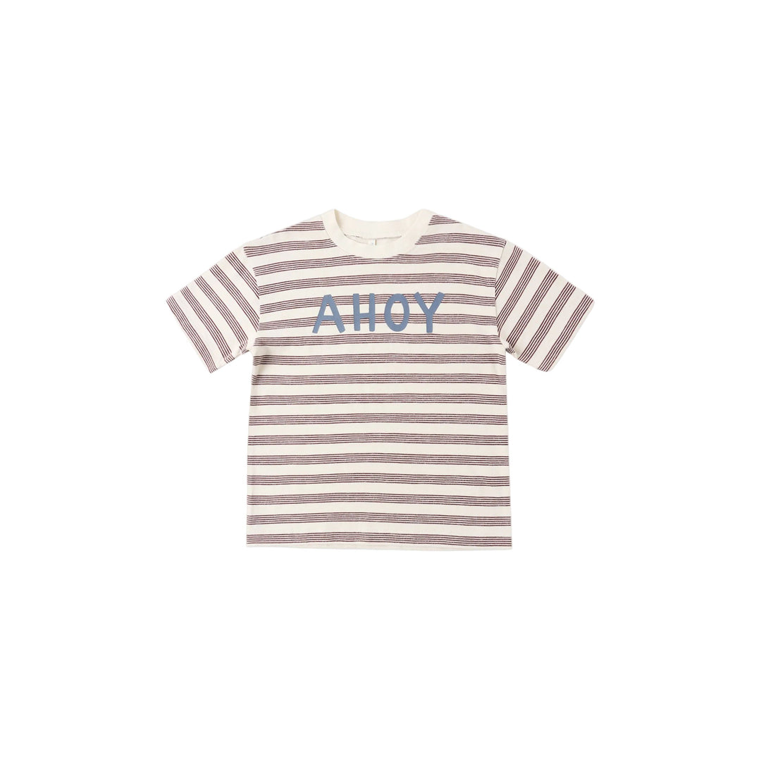 Striped t-shirt with 'AHoy' text on a white background
