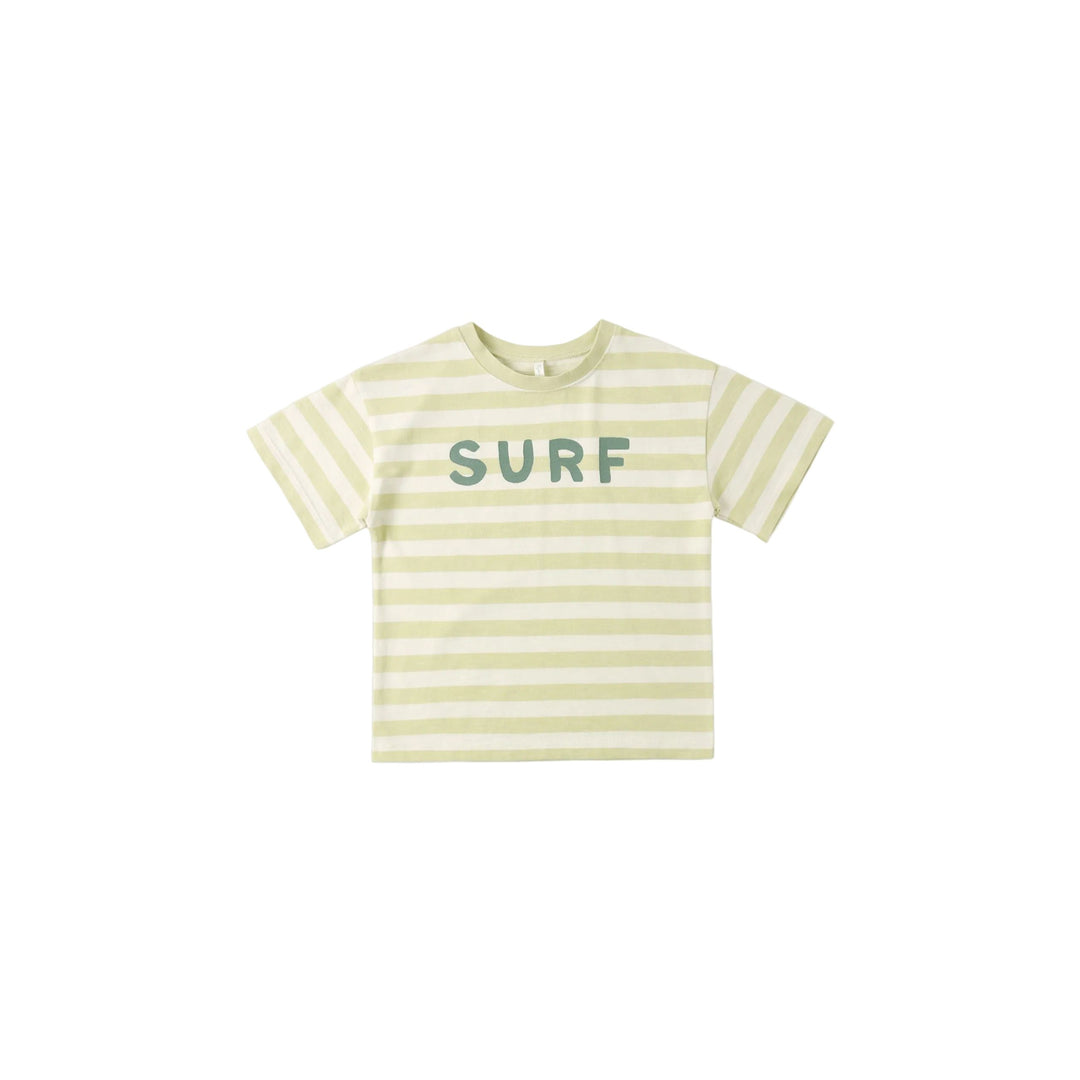 Rylee + Cru Relaxed fit tee made from our soft cotton jersey. Shoulder snaps included in sizes 0-3m - 18-24m for easy dressing.

Featuring a 'surf' print on a 'citron stripe' hue. Live the sweet life in this cool look.