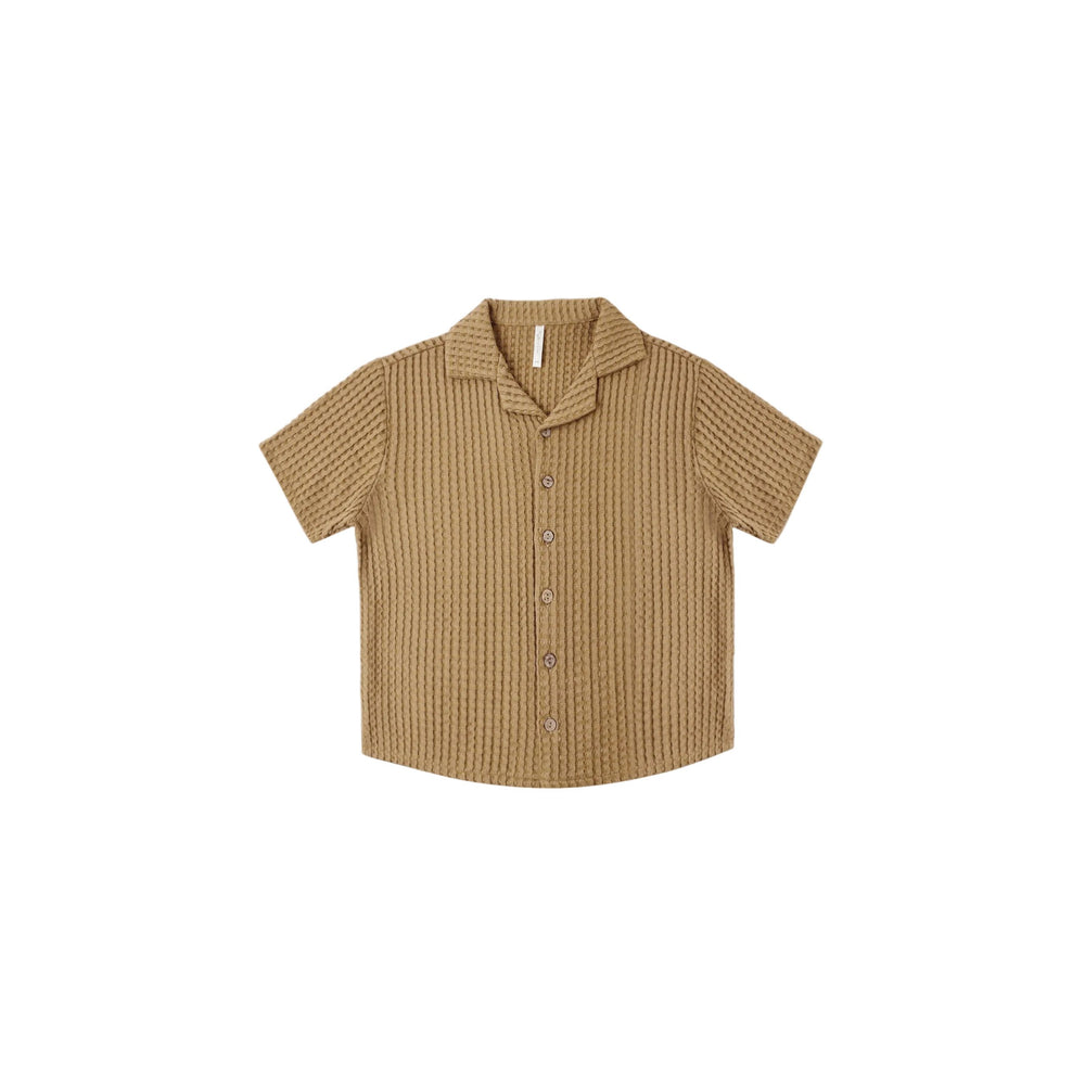 Brown textured short-sleeve shirt on a white background