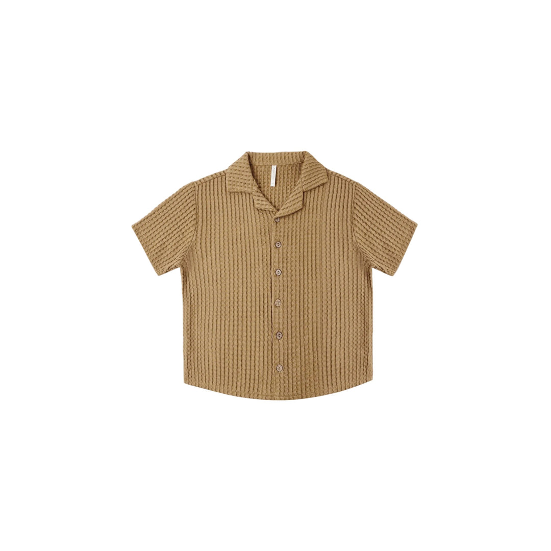 Brown textured short-sleeve shirt on a white background