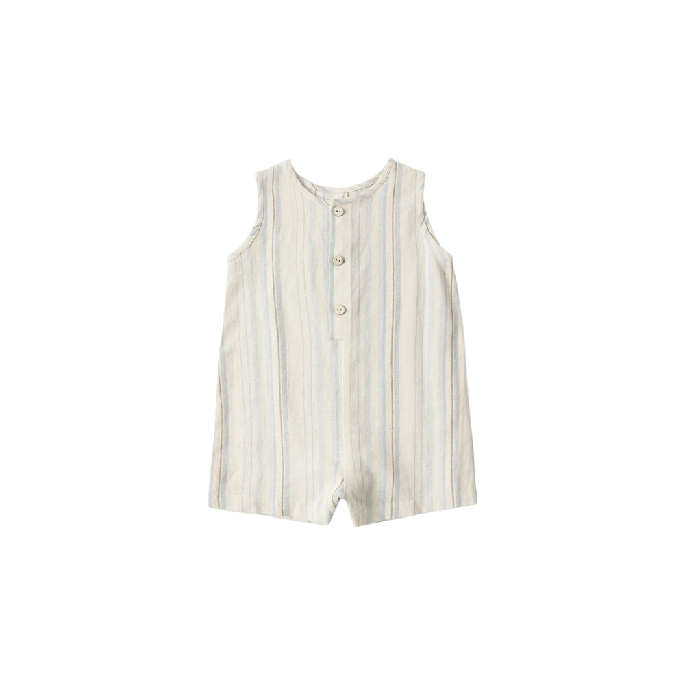 This slim cut Rylee + Cru sleeveless romper is an everyday essential for the warmer days ahead. Includes buttons on front and snaps along bottom for easy changes.

Featuring a 'sea stripe' all-over pattern.