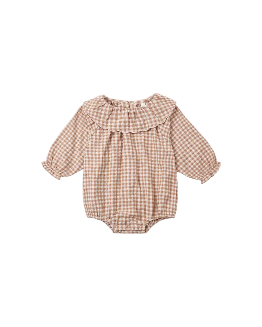 A baby long-sleeve romper in a brown and beige gingham check pattern, featuring a ruffled neckline and elasticized cuffs, shown flat on a light gray background.