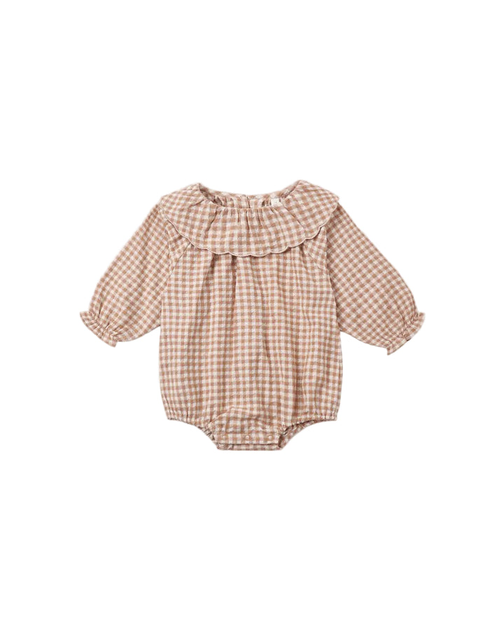 A baby long-sleeve romper in a brown and beige gingham check pattern, featuring a ruffled neckline and elasticized cuffs, shown flat on a light background.