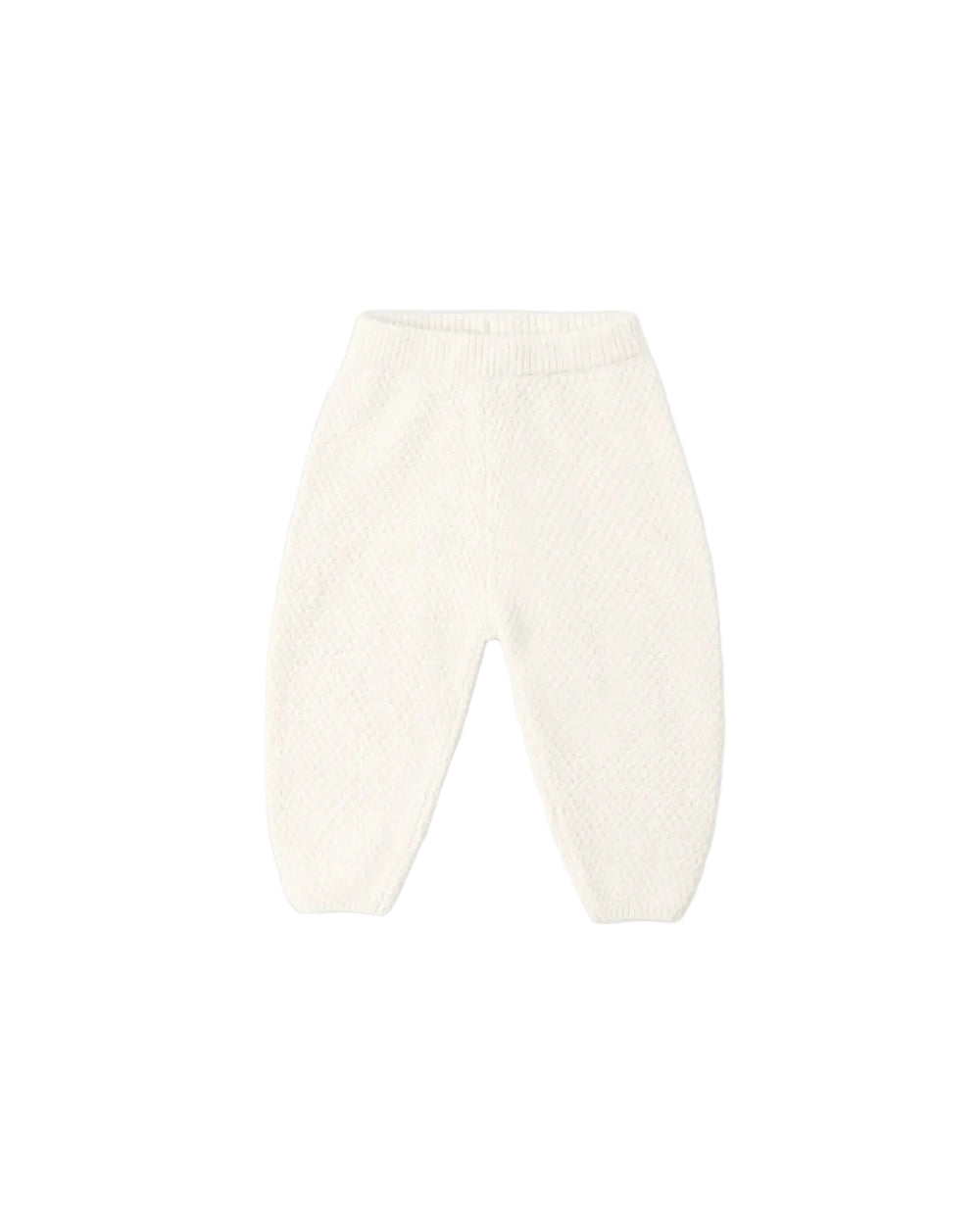 Off-white textured knit baby pants with an elastic waistband, shown flat on a light gray background.