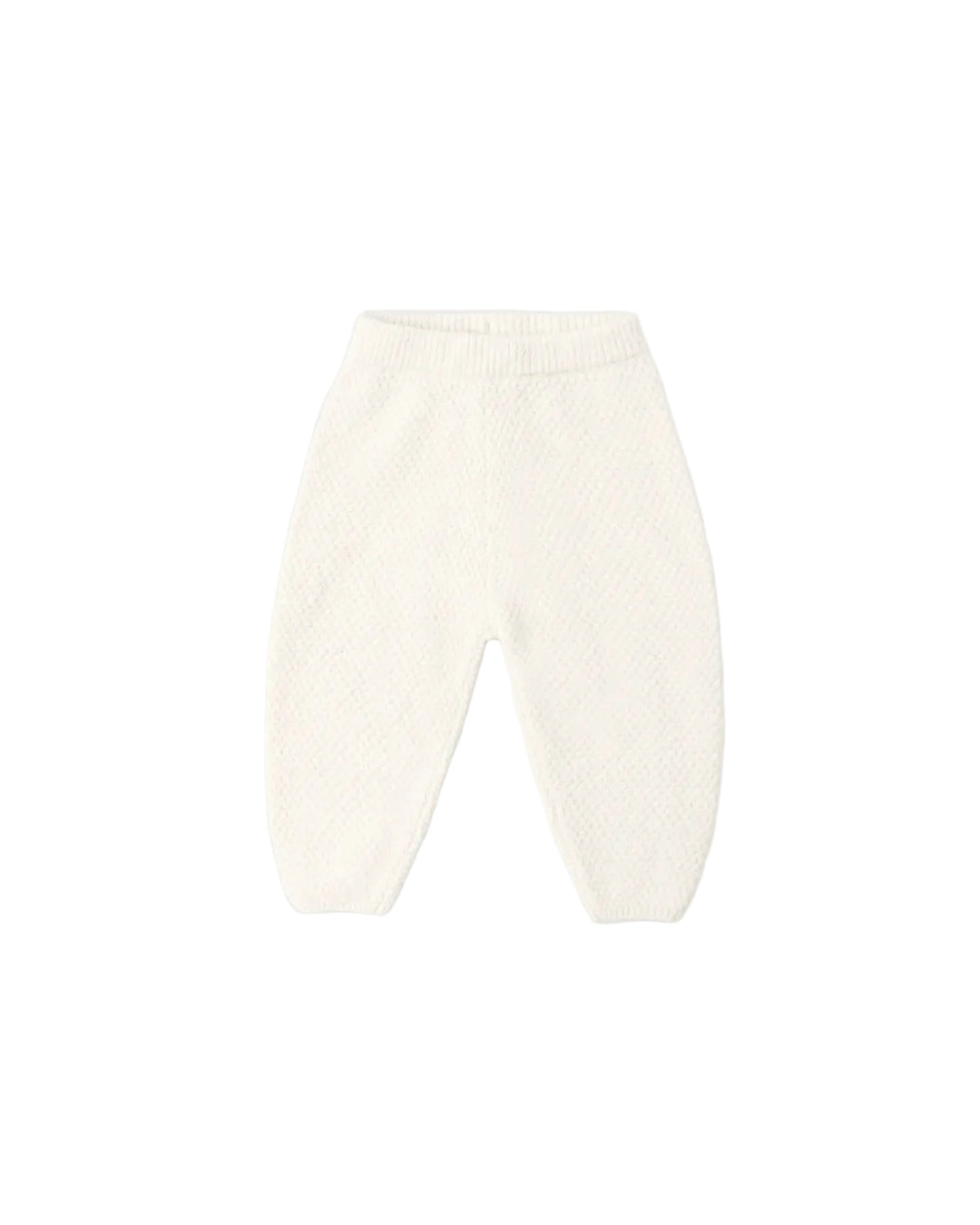 Off-white textured knit baby pants with an elastic waistband, shown flat on a light gray background.