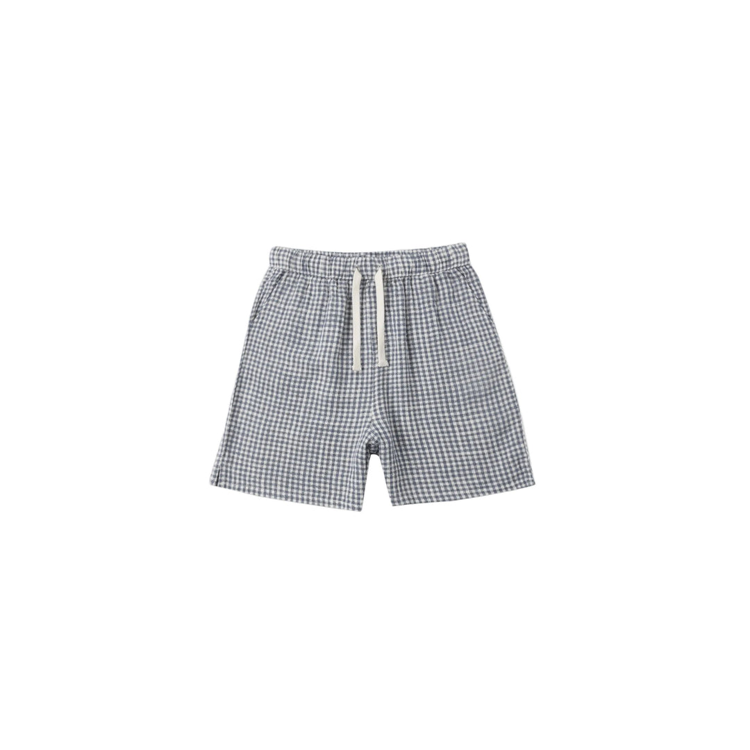 Plaid shorts with a drawstring on a white background