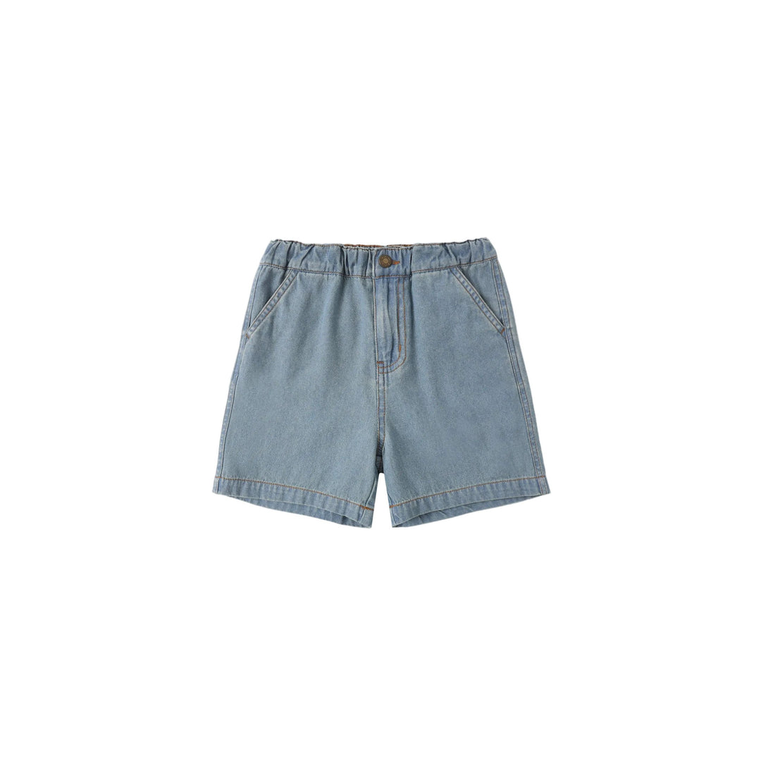Light blue denim shorts on a white background