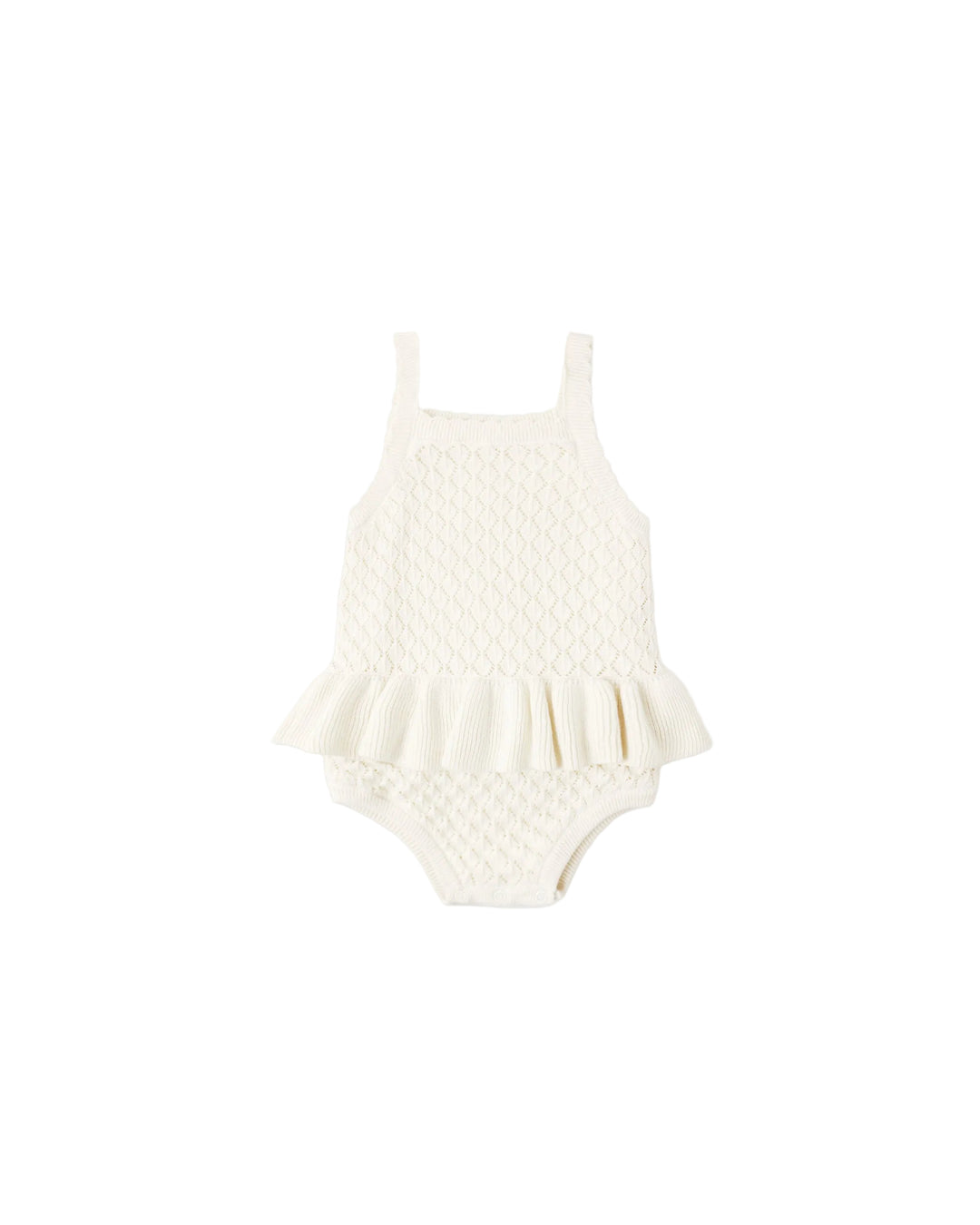 Rylee + Cru Crochet Ruffle Romper is the sweetest look for your little gals!

Featuring a 'natural' hue. We are loving this summer crochet look!