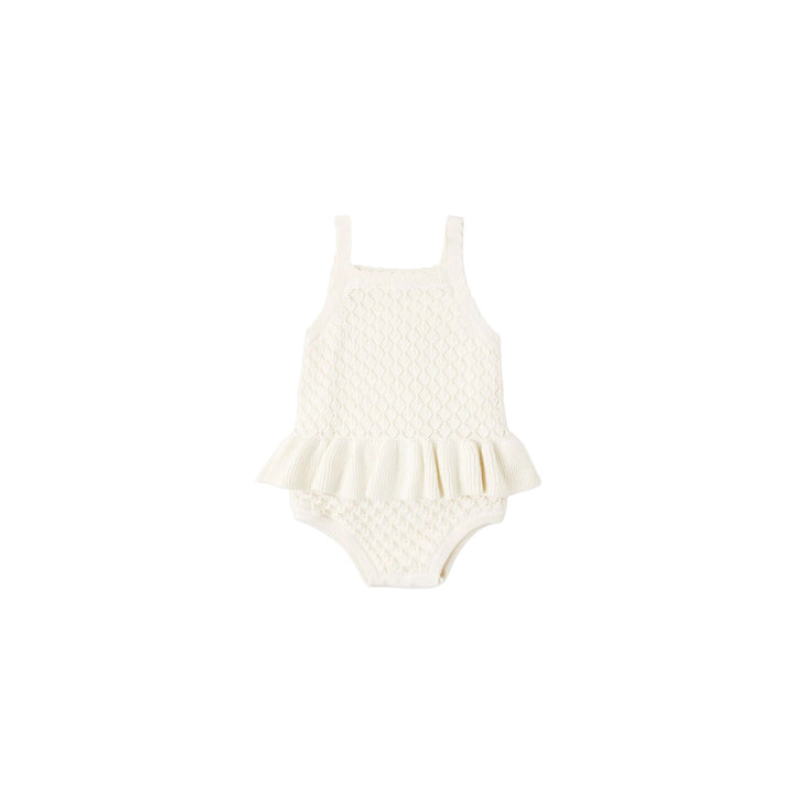 Rylee + Cru Crochet Ruffle Romper is the sweetest look for your little gals!

Featuring a &