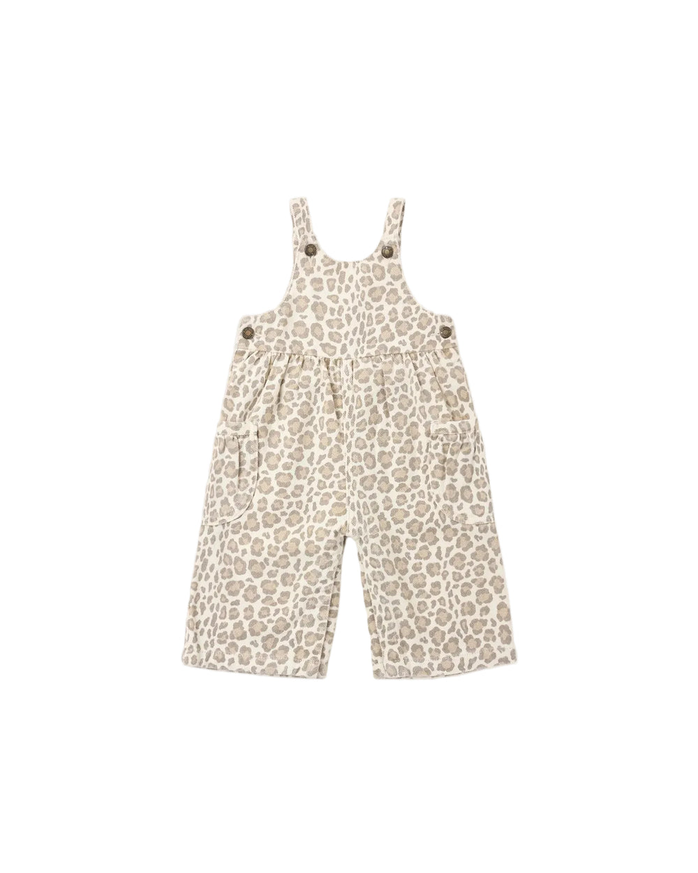 A baby's sleeveless overall romper with a beige and brown leopard print pattern, featuring adjustable shoulder straps with decorative buttons, photographed flat on a light gray background.