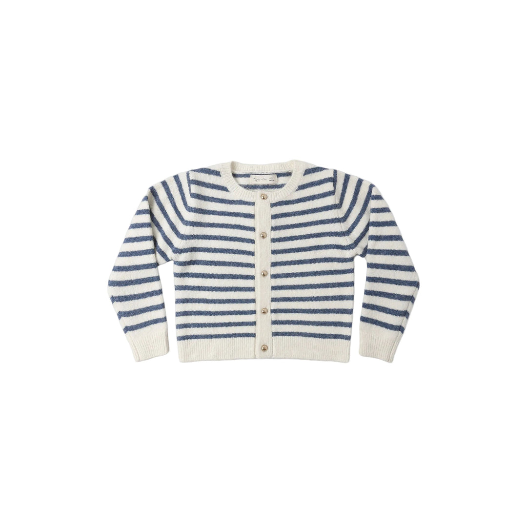 Striped cardigan with blue and white pattern on a light gray background